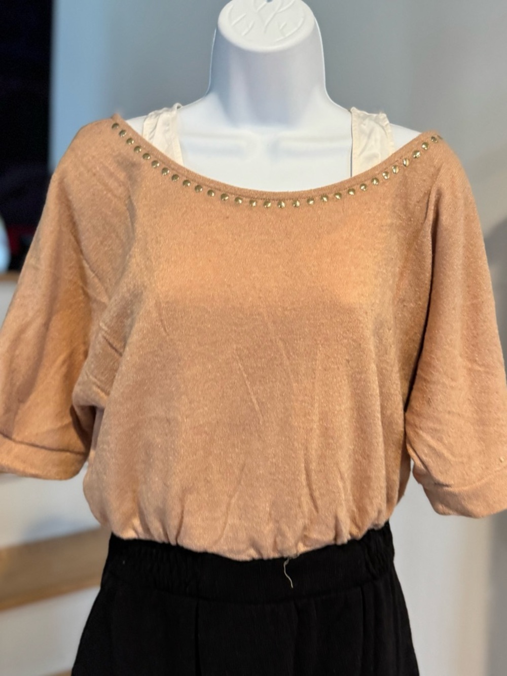 XOXO Tan Scoop Neck Studded Short Sleeve mix media dress